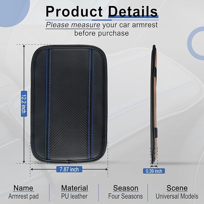Amiss Car Center Console Pad, Universal Waterproof Car Armrest Seat Box Cover, PU Leather Auto Armrest Cover Protector，Vehicle Interior Accessories fits SUV/Truck/Car (Black-Blue)