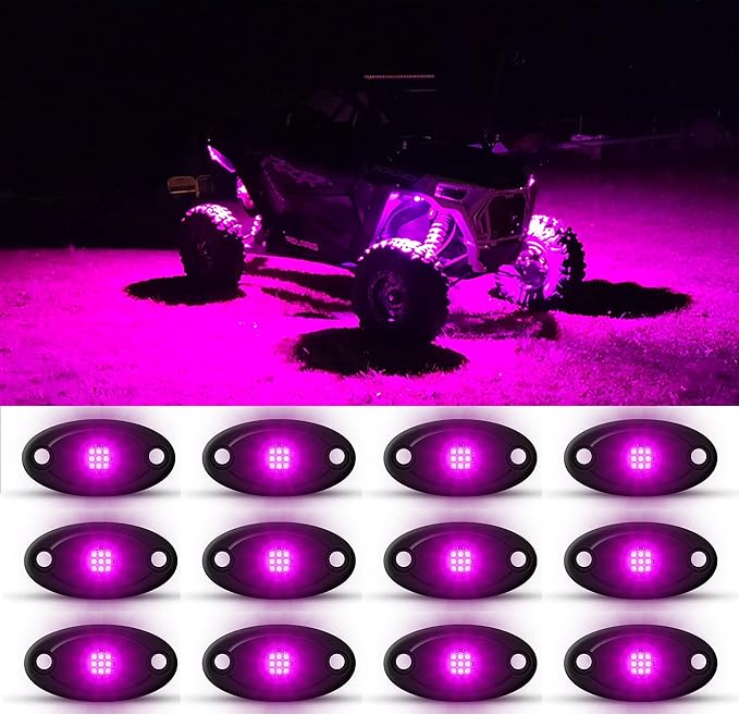 Rock Lights Pink with Light Purple 12 Pods Pure Pink LED Rock Lights IP68 Waterproof 47inch Extension Wires for Trucks UTV ATV SUV Boat Pickup Car Fender Exterior Lighting Kit