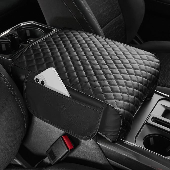 JOYTUTUS Center Console Cover Compatible with 2021 2022 2023 2024 2025 2026 Ford F150, Leather Armrest Cover Center Console Cushion Arm Rest with Side Pockets