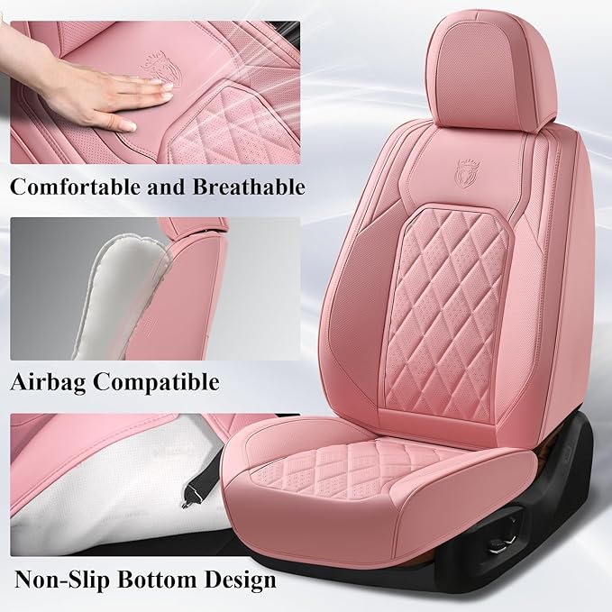 Coverado Front Seat Covers, Luxury Faux Leather Seat Covers for Cars, Pink Car Seat Covers, Car Seat Protector Waterproof, Automotive Interior Accessories Universal Fit for Most Sedans, SUVs, Trucks