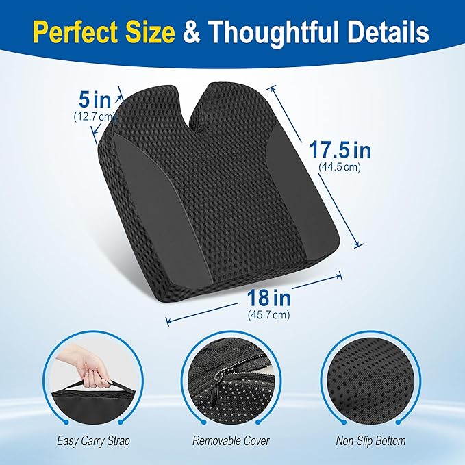 Car Seat Cushion: Ergonomic Memory Foam Cushion for Driving and Long Drives, for Sciatica and Back Pain, Seat Pillow for Car, Truck, Office Chair, Home, Wheelchair- Black