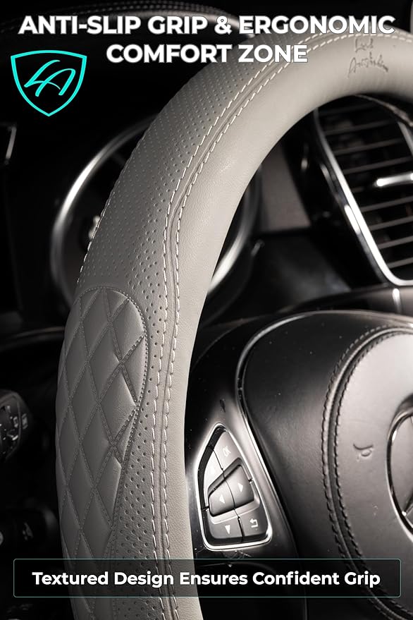 Lord Autofashion Steering Wheel Cover – PU Leather, Non-Slip Rubber Inner, All-Season Comfort – 14.5–15 Inch (Grey 9366)