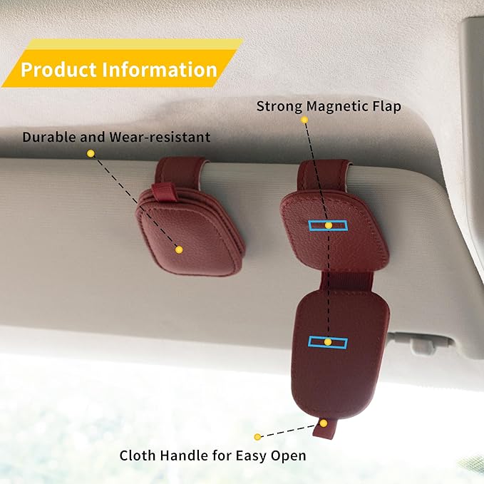 Yuoyar Sunglass Holder for Car, Magnetic Leather Sunglasses Holder and Ticket Card Clip, Car Visor Accessories, 2 Packs (Red)