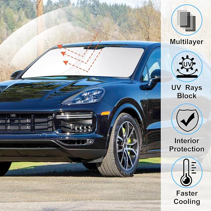 Windshield Sun Shade Custom Fit for 2019-2024 2025 Porsche Cayenne Accessories Foldable Sunshade Sun Blocker Protect Car from Sun Rays & Heat Damage Keep Car Cooler