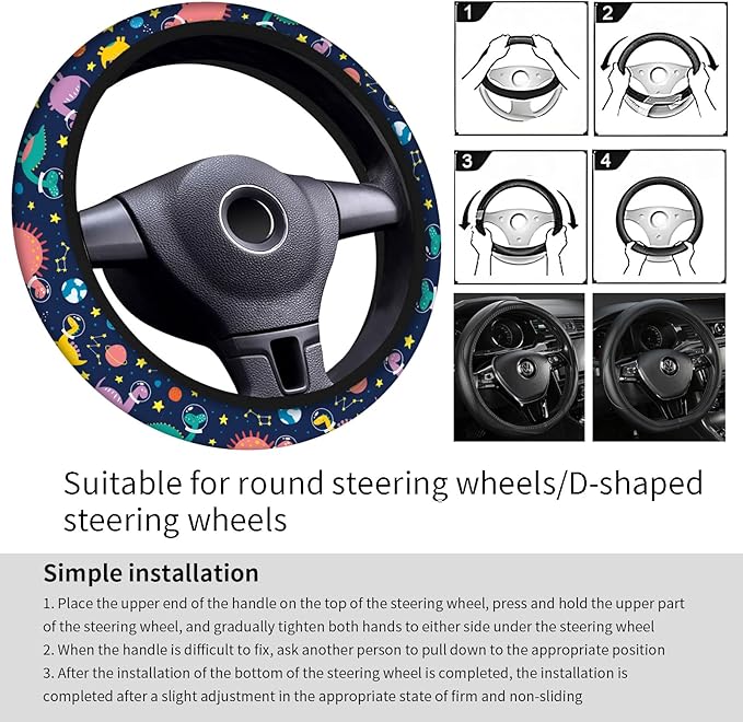 Car Steering Wheel Cover, Universal 15 Inch Neoprene Non-Slip Steering Wheel Covers, Funny Car Accessories for Women Men Fit Auto, Suvs, Truck Cute Funny Dinosaurs