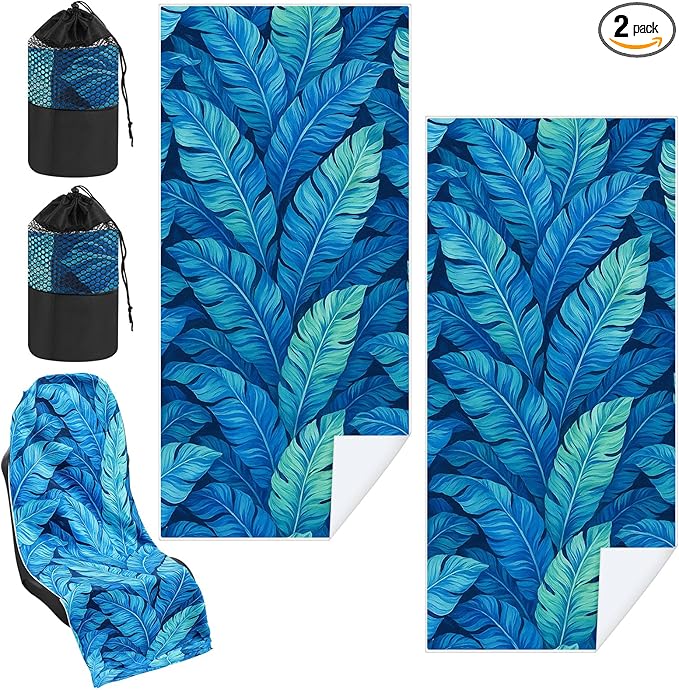 2 Pack Car Seat Towel Covers with Storage Bag 63 x 32 Inch Athletic Running Towel Seat Sweat Washable Non Slip Cover Gift for Car Outdoor Sport Activities (Blue Leaves)