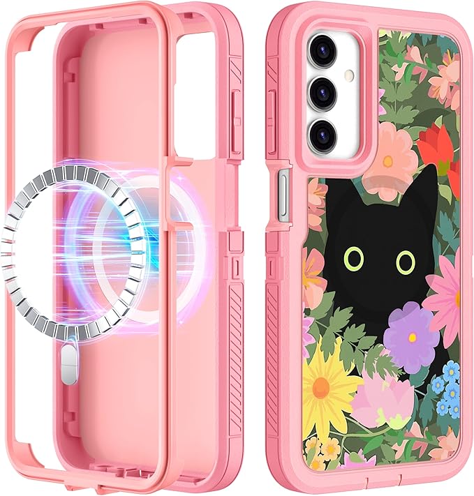 for Samsung Galaxy A15 5G Phone Case - Compatible with MagSafe Women Girls Cute Magnetic Protective Cover Cat Flower Fashion Floral Design Heavy Duty Shockproof for Samsung A15 5G Case 6.5"