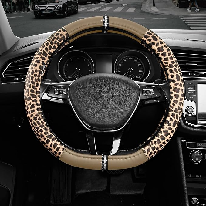 Road Comforts Leopard Steering Wheel Cover - Made with PVC Leather Cheetah Print, D-Shaped Automotive Steering Wheels - Anti-Slip, Universal Fit 14 1/2 inches to 15 inches - Beige