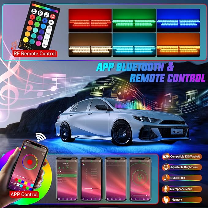 Nilight 8Pcs Aluminum Underglow Neon Accent Strip Lights 396 LEDs RGB Door Assist Multi Color DIY Sound Active Function Music Mode with APP and Remote Control Underbody Light Strips for Car Truck RV