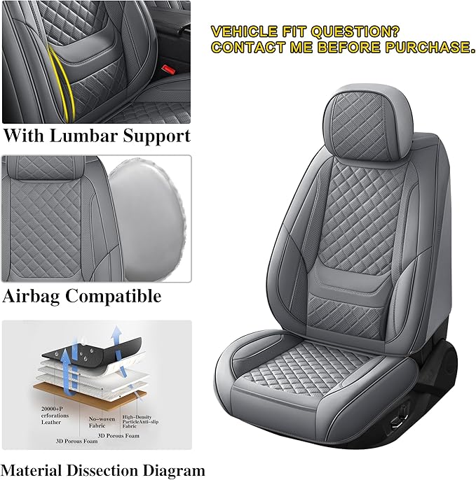 Chezope Leather Seat Covers, Grey Car Seat Covers Front Pair, Breathable Car Seat Protectors, Wear-Resistant Car Accessories, Universal Fit for Most Cars,SUVs Truck (Grey-Diamonds, Front Pair)