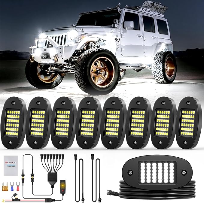 Hovano 8 Pods White Rock Light Kit with Wired Switch - 6500K Pure White LED Underglow, IP68 Waterproof, Super Bright 36 LEDs for Trailer Off Road SUV UTV ATV RZR Car
