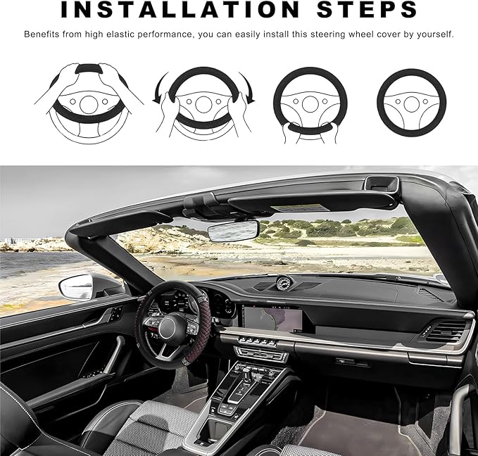 Bling Soft Leather Steering Wheel Cover, 14.5-15 Inch Sparkly Rhinestones Non-Slip Car Steering Wheel Protector, Elastic Auto Steering Wheel Cover Interior for Women Girls (Black & Red)