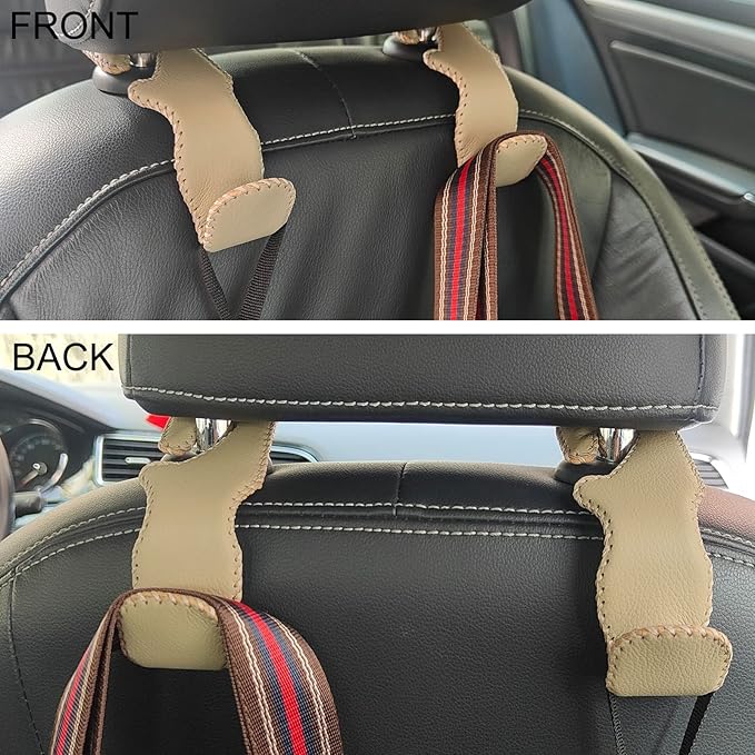 Car Hooks Universal Car Vehicle Back Seat Headrest Hanger Holder Hook Microfiber Leather & Stainless Steel for Bag Purse Cloth Drink Grocery (Beige)