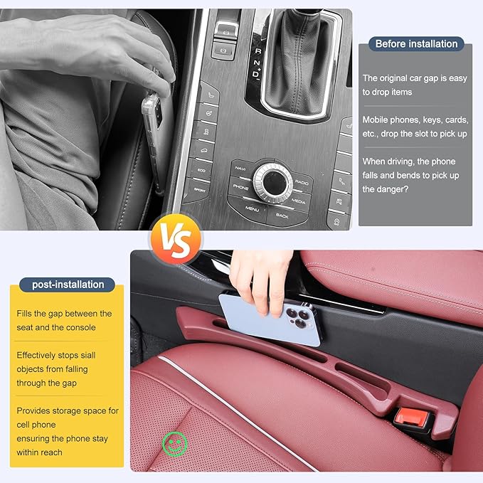 Car seat Gap Filler 2-Piece Multi-Functional Storage Belt with PU Material, seat Side Gap Filler to Prevent Items from Falling, Universal for Cars, SUV, Trucks (Black)
