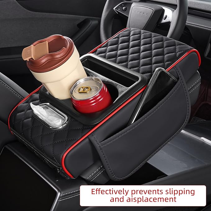 5 in 1 Car Center Console Cover, Armrest Pad with 2 Storage Pockets, Cup Holder, Tissue Box Slot, Phone Holder, Universal Car Interior Organizer (Black with Red Stitching)