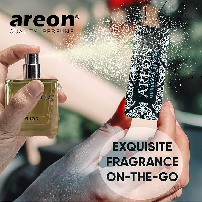 AREON Car Perfume Gold - Air Freshener in Glass Bottle - Luxury Odor Eliminator Spray with Absorber Hanging Pad - Unique Fragrance & Long-Lasting Aroma for Vehicle, Office, Home - Made in Europe, 50ml
