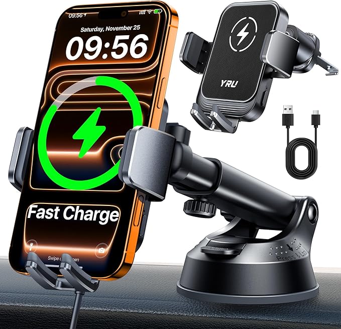 YRU [True Military-Grade] Wireless Car Charger Mount, 15W Charging Auto Clamping Car Phone Holder [98+LBS Strong] Dashboard Windshield Vent Cellphone Holder for iPhone 17 16 15 Pro Max Samsung, Black