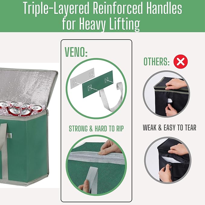 VENO 3 Pack Cooler Bag Insulated Reusable Grocery Shopping Bag, Food Delivery, Heavy Duty, Large Size, Durable Handles, Double Zippers, Lid, Collapsible (Green, 3 Pack)