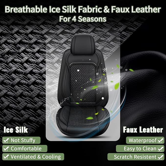 Car Seat Covers Fit for Toyota Highlander:2008-2025 2026 Breathable Cool Ice Silk Leather Automotive Seat Covers Airbags Compatible(5 Seats,Black)