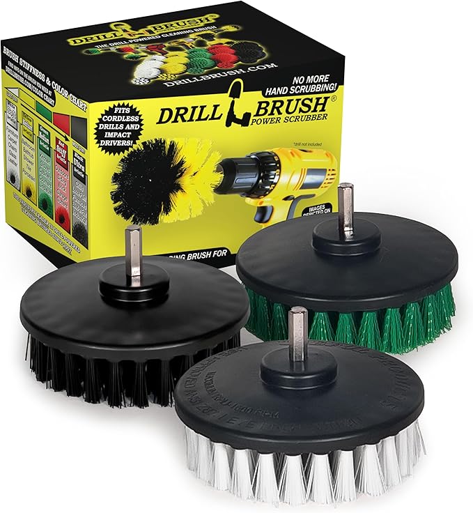 Drillbrush 3 Brush Kit - Drill Brush Cleaning Supplies - White Soft for Leather, Glass, Carpet - Green Medium for Kitchen, Bathroom, Tub, Sinks, Flooring - Black Ultra Stiff for Garage Floors, Stone