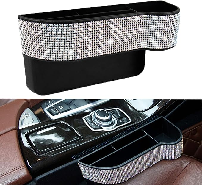 Car Seat Side Drop Organizer, Sparkle Car Seat Gap Filler, Car Seat Console Storage Organizer, Crystal Car Seat Pockets with Cup Holder and Two Charging Ports for Co-Driver.