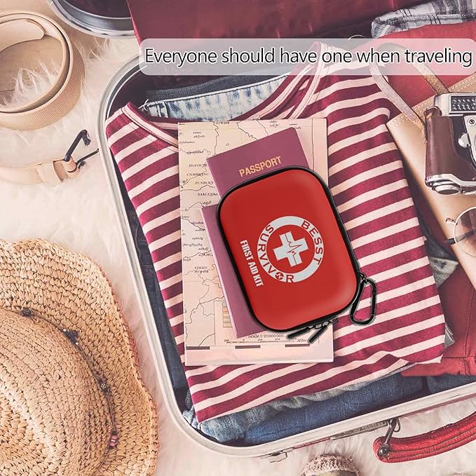 Besst Survivor Mini First Aid Kit -Small Waterproof Hard Shell Medical Kit with Compartments for Camping, Hiking, Car, Home, Office, School - Vehicle & Outdoor Emergency Medical Kit (Red)