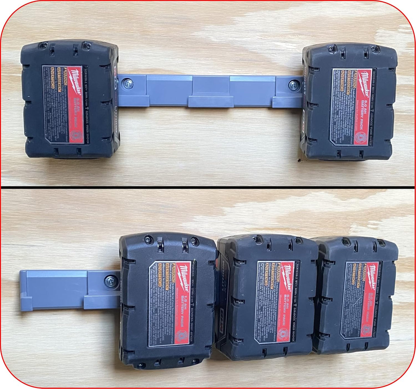 Milwaukee M18 Battery Holder | 4x 18V Battery Storage | Wall Mount | Grey ABS | 0.75 x 1.5 x 12" | Heat Resistant | USA
