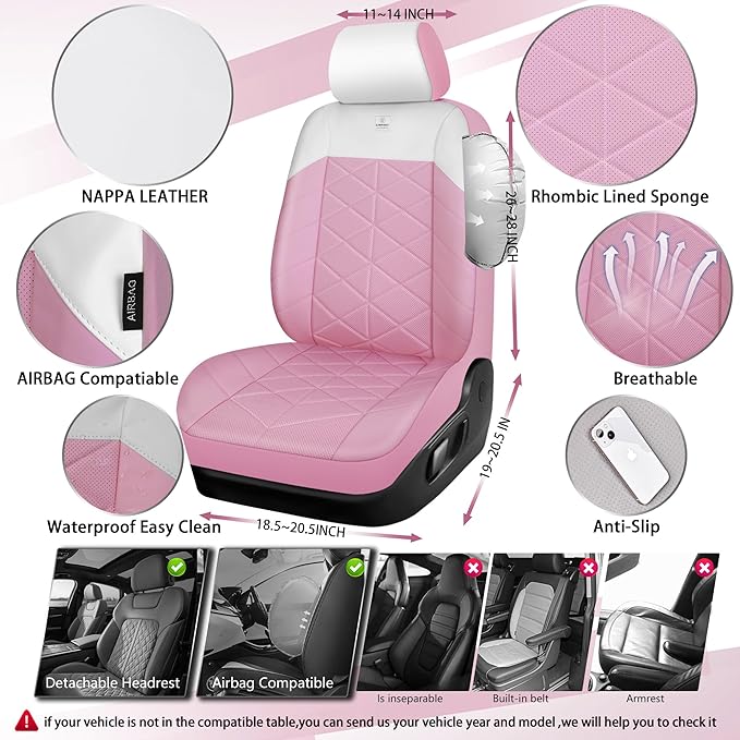 CAR PASS Nappa Leather Waterproof Car Seat Covers Two Front, 3D Foam Comfortable Automotive Seat Covers with Rhombic Design, Airbag Compatible Universal Fit for Most SUV Truck Sedan, Pink White