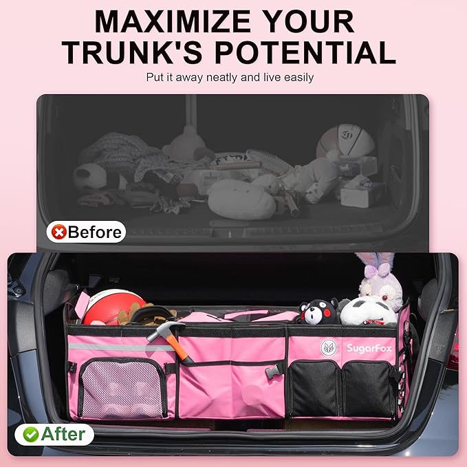 SugarFox Bold Color Block Trunk Organizer | 95L, 35"x13.8"x11.8" | Dedicated Shoe Storage & 26L Ice Pack | Foldable for SUV/Car/Jeep | Stylish Gift & Car Accessories for Men & Women - Pink-X212