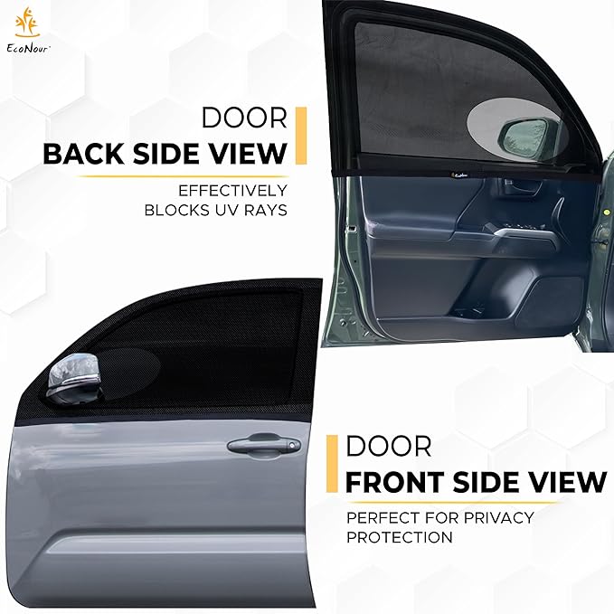 EcoNour Car Front Side Window Sun Shades Compatible for Toyota Tacoma | 2Pack Breathable Super Stretchy Mesh Sun Shade | Heat Block UV Protection Car Window Screen Covers | Mosquito Net Curtains
