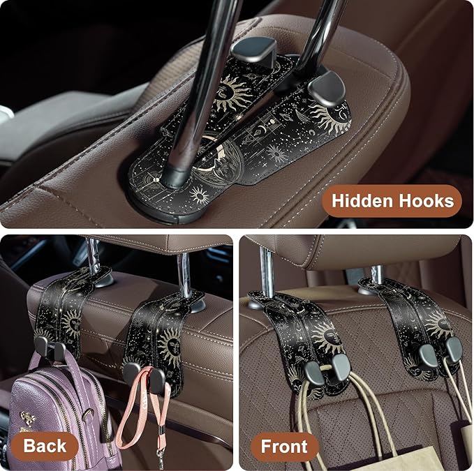 CoBak Purse Hook for Car - Universal Premium Stitched Leather and Aluminum-Magnesium Alloy Double Car Seat Back Storage Hook for Purses, Handbags, Bags (2 Pack),Star Mark