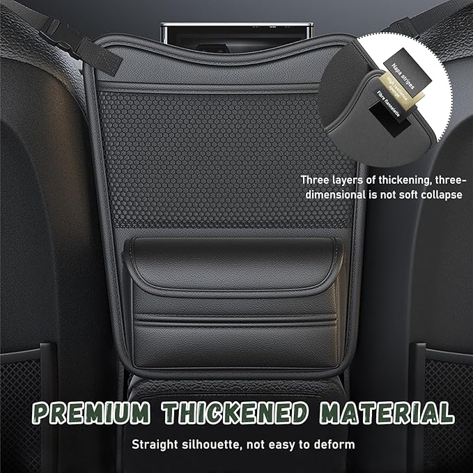 Car Organizer Storage Between Seats, Nappa Leather Auto Handbag Holder for Document Phone Storage, Large Capacity Automotive Console Pocket Purse, Car Accessories (Black)