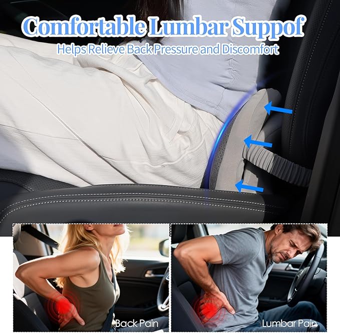 Lumbar Support Pillow for Office Chair and Car, Memory Foam Back Cushion Provides Lumbar Support to Relieve Back Pain, Ideal for Driving and Office Use (Gray)