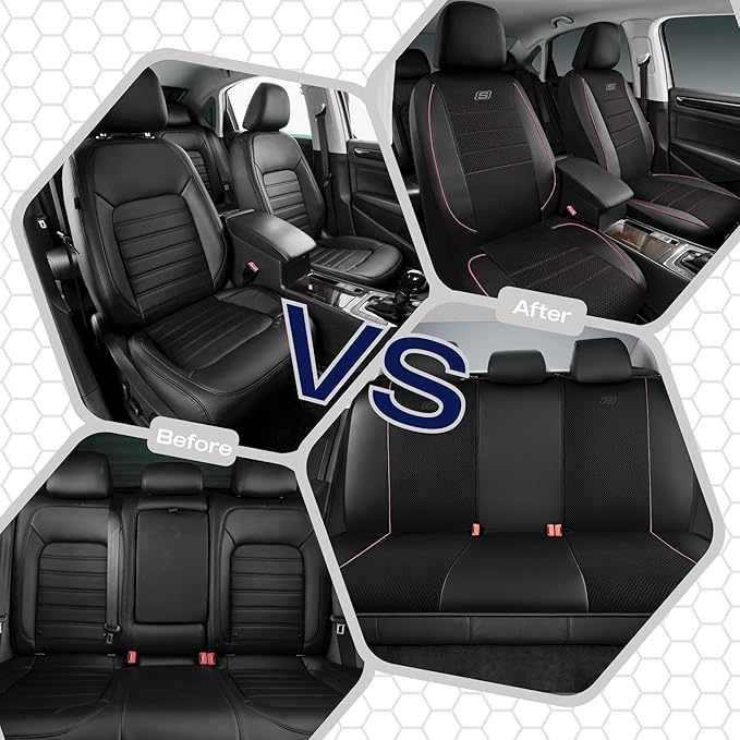 Skechers Air-Cooled Memory Foam Seat Covers,Mesh Thick Car Seat Covers,Piping Leather Car Seat Cover,Airbag Compatible,Automotive Comfort for Most Cars, Vans, Trucks, SUV(Pink, Full Set)