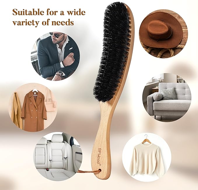 BFWood Clothes Brush, Boar Bristle Hat Brush Lint Brush for Suits, Cashmere, Wool, Velvet, Suede and Pet Hair, Large Beech Handle