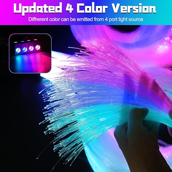 4 Colors 12W Car Starlight Headliner Kit 1200pcs*0.02in*9.8ft with APP&RF Remote,RGBW Fiber Optic Strands Star Roof Lights,4 Port Engine Sound Activated Ceiling Star Lights for Home/Car Decor