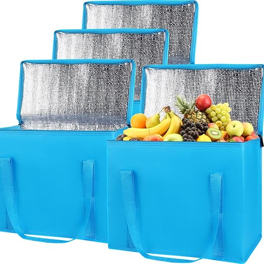 Bodaon 4-Pack Insulated Reusable Grocery Shopping Bag, X-Large Frozen Food Cold, Cooler Bags, Insulated Food Delivery Bag, Blue
