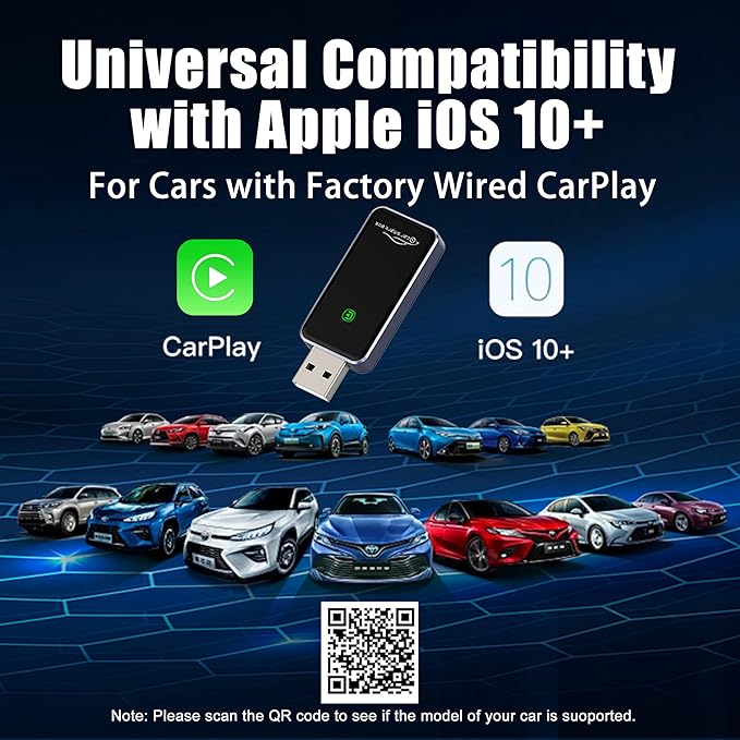 Wireless CarPlay Adapter for Apple iPhone - Convert Factory Wired to Wireless CarPlay Dongle, Plug & Play for iOS 10+ & Wired CarPlay Cars 2016+, USB & Type-C Port