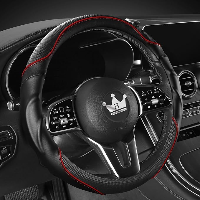 3D Car Steering Wheel Cover Comfort Grip Massage Sporty Anti-Slip Carbon Fiber Faux Leather for F150, Trucks, Jeep, Van, Car Handle Covers for All Seasons, 15.2-16in, Red