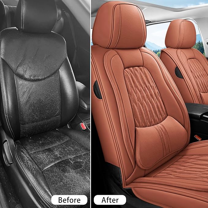 WELLDO Car Seat Covers Full Set, Leather Seat Covers for Car, Waterproof Car Seat Protector with Lumbar Support, Automotive Seat Covers Universal Fit for Most Cars SUV Truck, 2seats,Brown