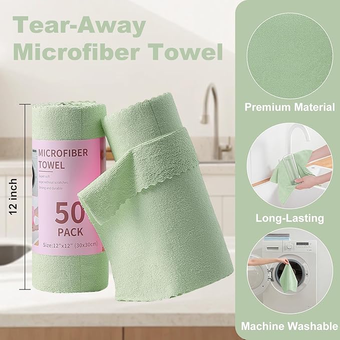 Jessy Home 50 Pack Microfiber Cleaning Cloth Roll,Reusable Paper Towels,12"x12" Tear Away Towels,Durable,Scratch Free,Lint Free Microfiber Rags for Car,Kitchen Garage,Home
