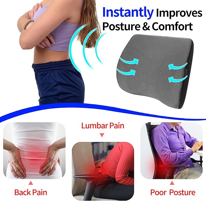 Lumbar Support Pillow for Car, Lower Back Support for Driving Seat Memory Foam Lumbar Pillow for Office Chair - Back Pain Relief for Car Seat, Wheelchair (Dark Gray)