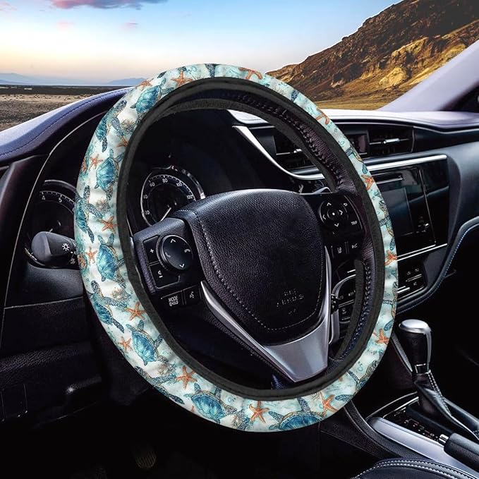 AFPANQZ Steering Wheel Cover for Women, Turtle Starfish Print Sweat Absorbing Non-Slip Steering Wheel Protection Case Machine Washable Elastic Flexible Universal 14 to 15 inch