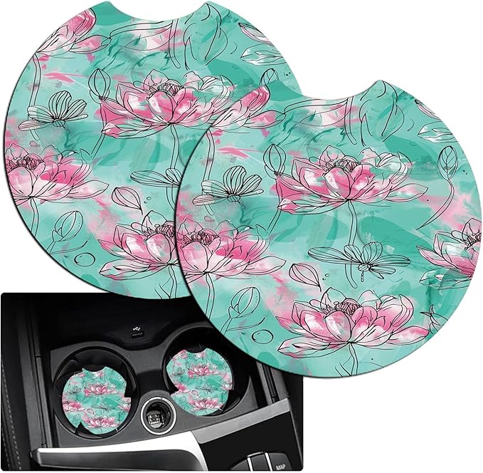 Car Armrest Cover Pads Universal Fashion Cute Auto Center Console Armrest Cover Pad with 2PCS Car Coasters Soft Waterproof Car Armrest Seat Protector for Women, Watercolor Pink Lotus