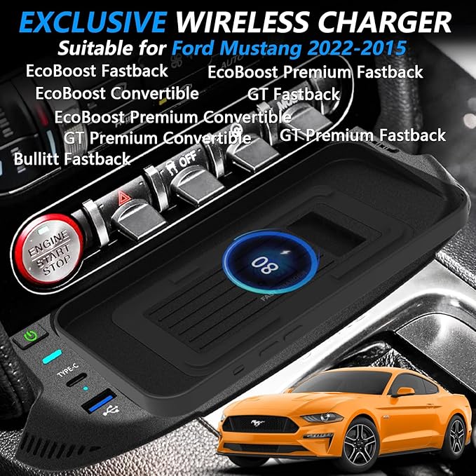 Wireless Car Charger for Ford Mustang 2022 2021 2020 2019 2018 2017 2016 2015, 15W Qi Fast Charging Phone Charger Pad with QC3.0 USB Port for iPhone Galaxy, Gift for Ford Mustang Owners