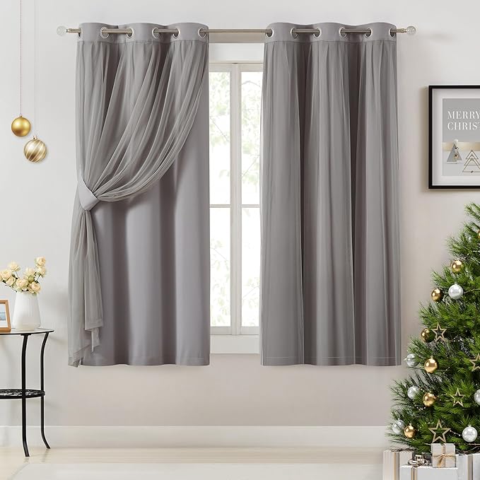 Bujasso Grey 90% Blackout Curtains with Sheer Overlay Mix and Match Double Layer Window Curtains Thermal Insulated 63 inch for Living Room Bedroom Gray Drapes with Tiebacks Grommet Top 37" Wx63 Lx2