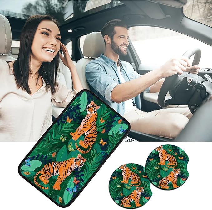 Car Armrest Cover Pads Universal Fashion Cute Auto Center Console Armrest Cover Pad with 2PCS Car Coasters Soft Waterproof Car Armrest Seat Protector for Women, Two Tiger Butterfly