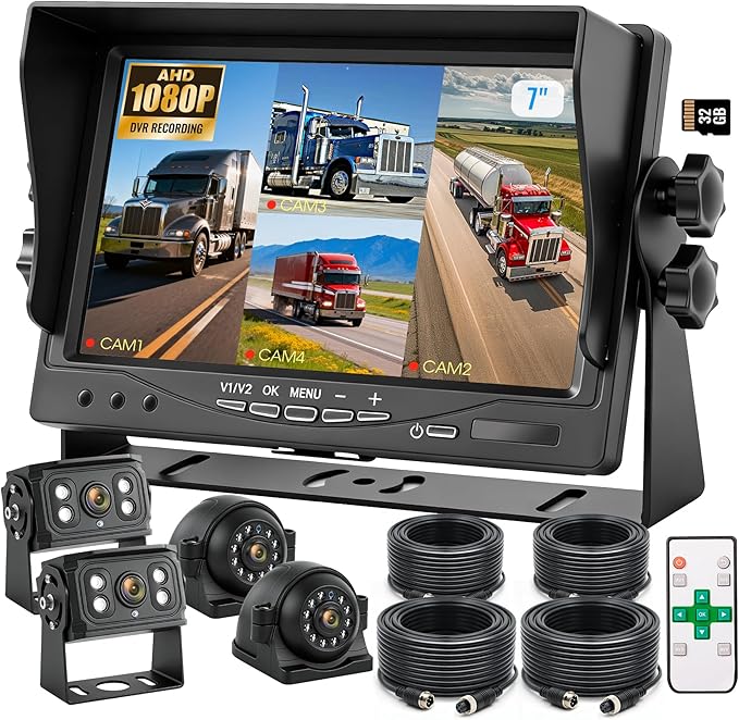 4-Wired Backup Camera System, 7" DVR Quad Screen Rear Side View Cameras, IP69 Waterproof IR Night Vision, 20G Vibration-Proof for Trailer/RV/Tractor/Combine/Skid Steer/Van/Heavy Equipment, Y2