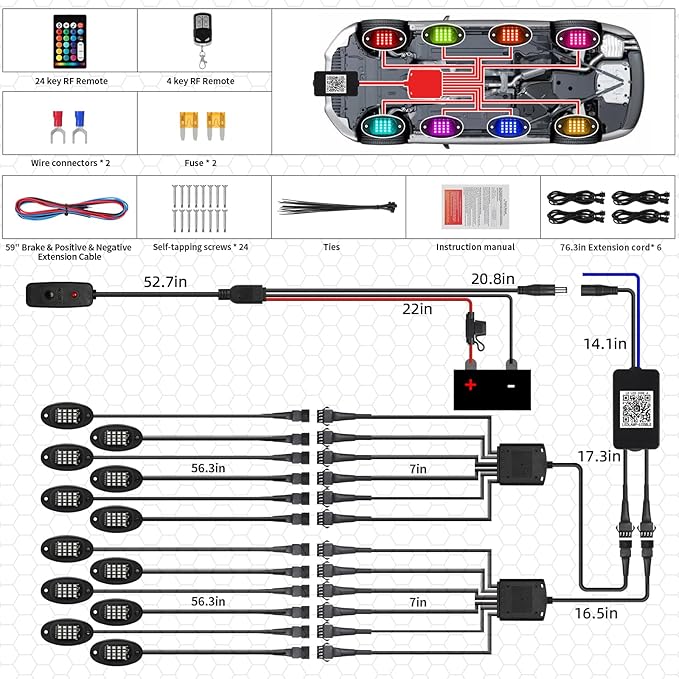 12 Pods RGB LED Rock Lights for Trucks Pickup Offroad Golf Cart SUV UTV, 6500K Super Bright, IP68 Waterproof, Segmented Color Change APP Control Underglow Kit with Power Swith Extension Wires, 12V