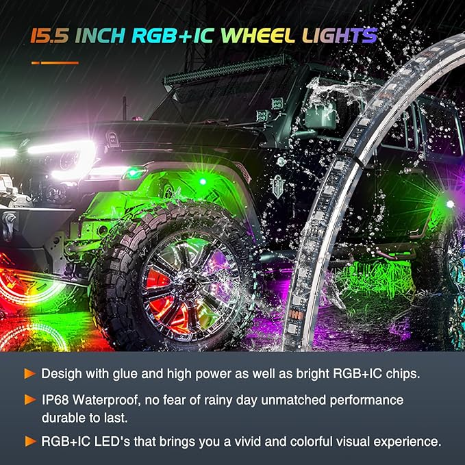 Nilight 4PCS 15.5inch Double Row Wheel Ring Lights Dream Color with APP and Remote Control Neon Lights w/Turn Signal and Braking Function Dual Row for Car Van SUV Truck